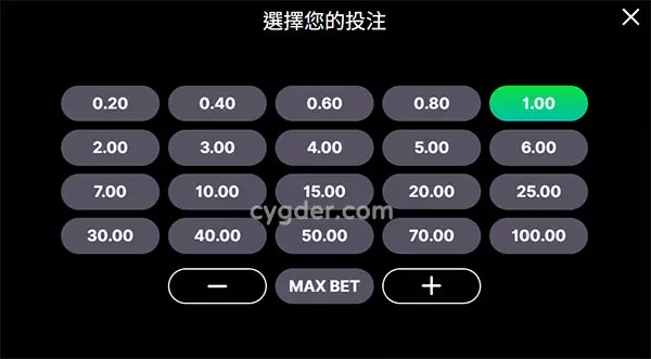 BNG淘金王 選擇投注金額